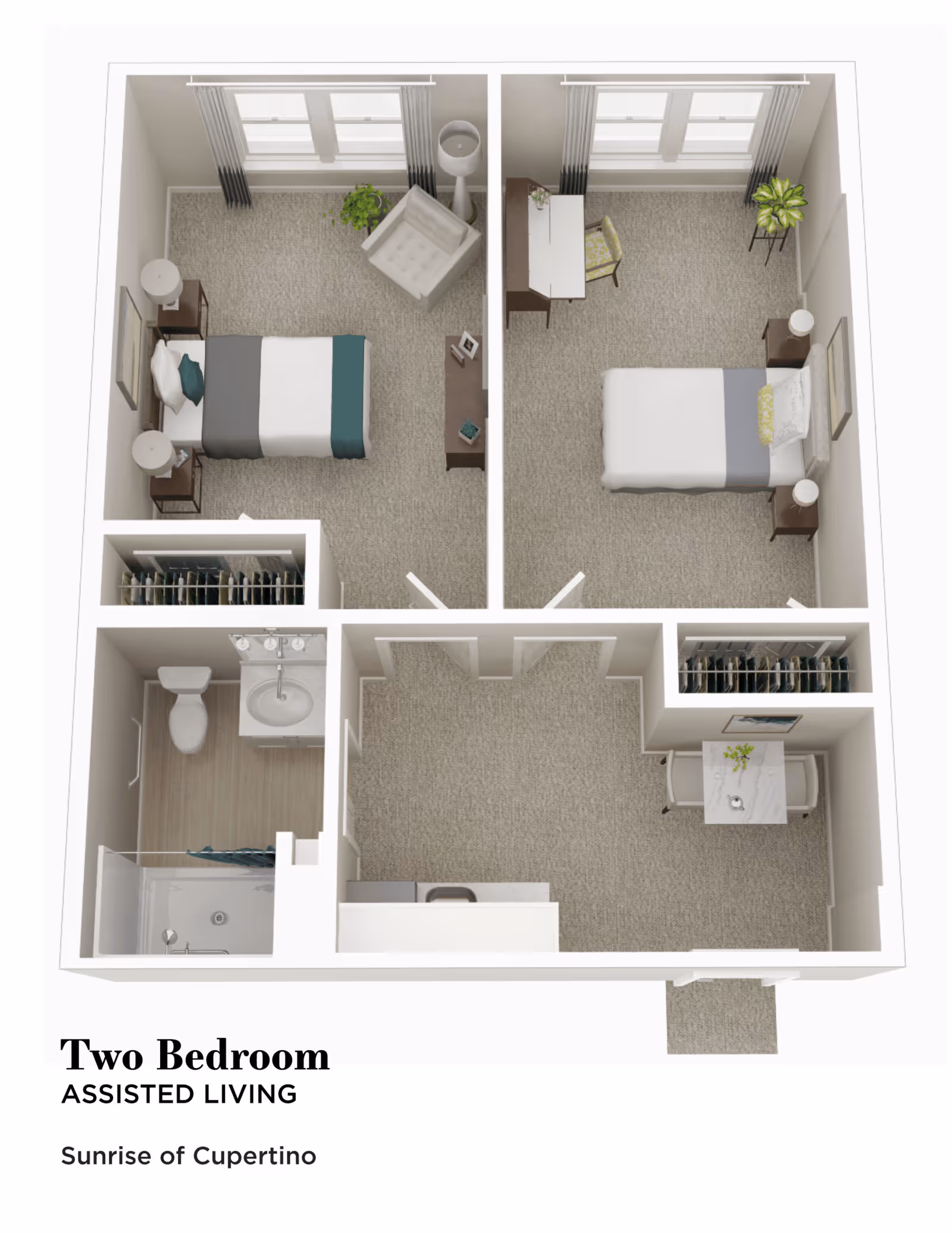 3D floor plan of a two-bedroom assisted living apartment at Sunrise of Cupertino, showing two bedrooms each with a bed, nightstands, and seating or desk area, a bathroom with a shower, toilet, and sink, and a small dining area adjacent to the kitchen space.