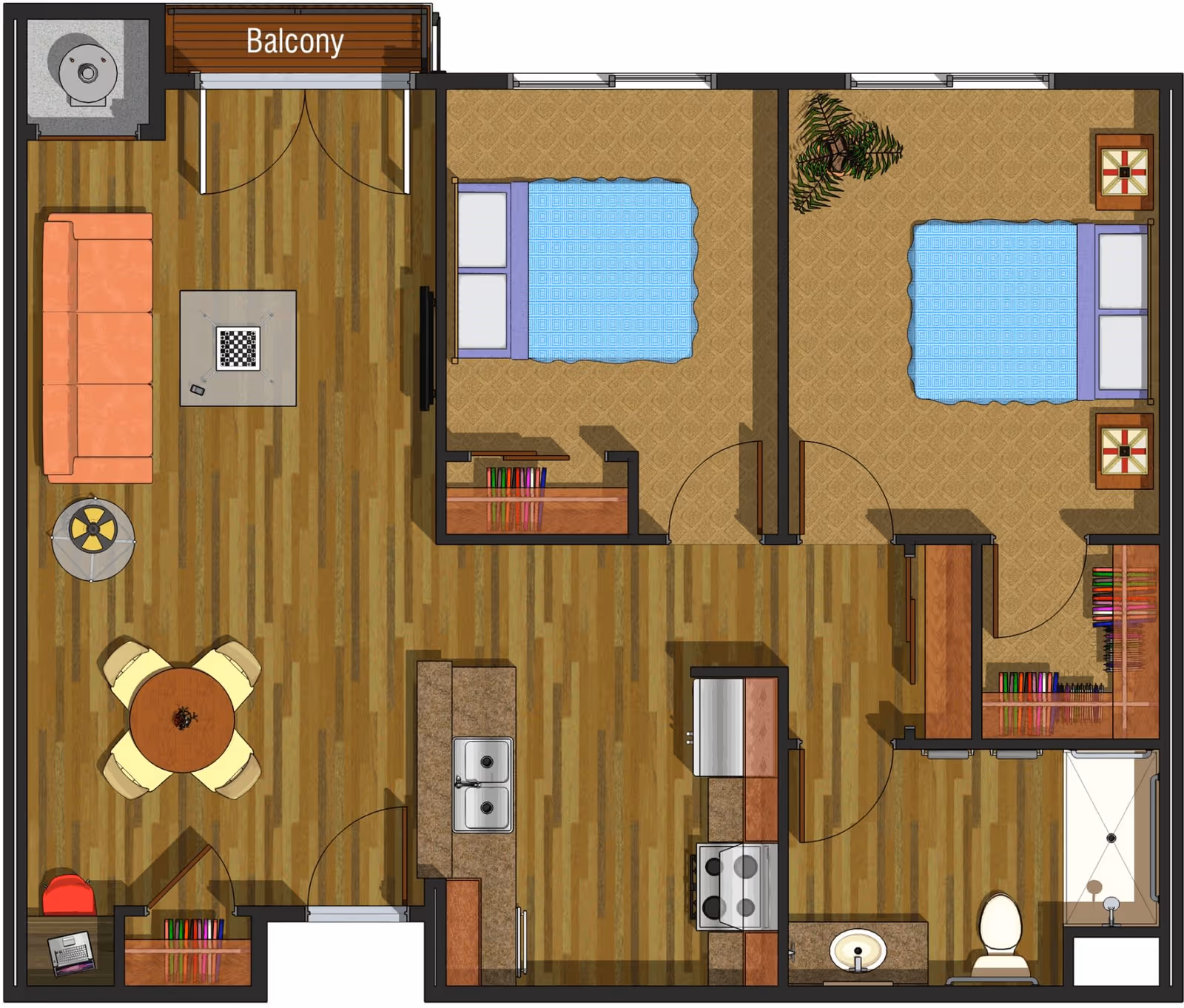 Top-down floor plan of a residential unit featuring two bedrooms with beds and nightstands, a living room with a couch, coffee table, and TV, a dining area with a round table and four chairs, a kitchen with a sink, stove, and refrigerator, a bathroom with a toilet and shower, and a balcony accessible from the living room.
