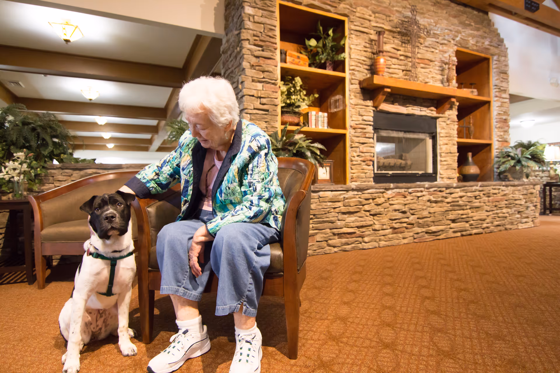 An elderly woman sitting on a chair in a cozy room with a stone fireplace and built-in shelves, petting a black and white dog sitting beside her on a carpeted floor.