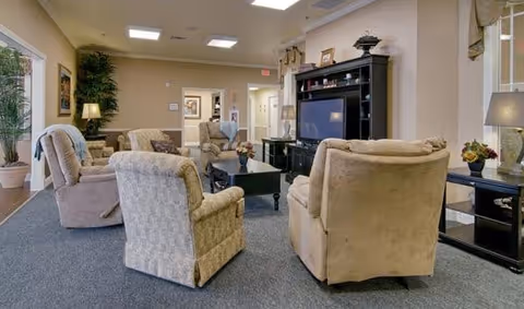 A cozy living room area with several upholstered armchairs arranged around a black coffee table and a large black entertainment center with a television. The room has beige walls, carpeted floor, potted plants, and lamps providing soft lighting.