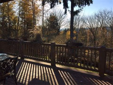 Sunlit wooden deck with railing and furniture overlooking a forested landscape.