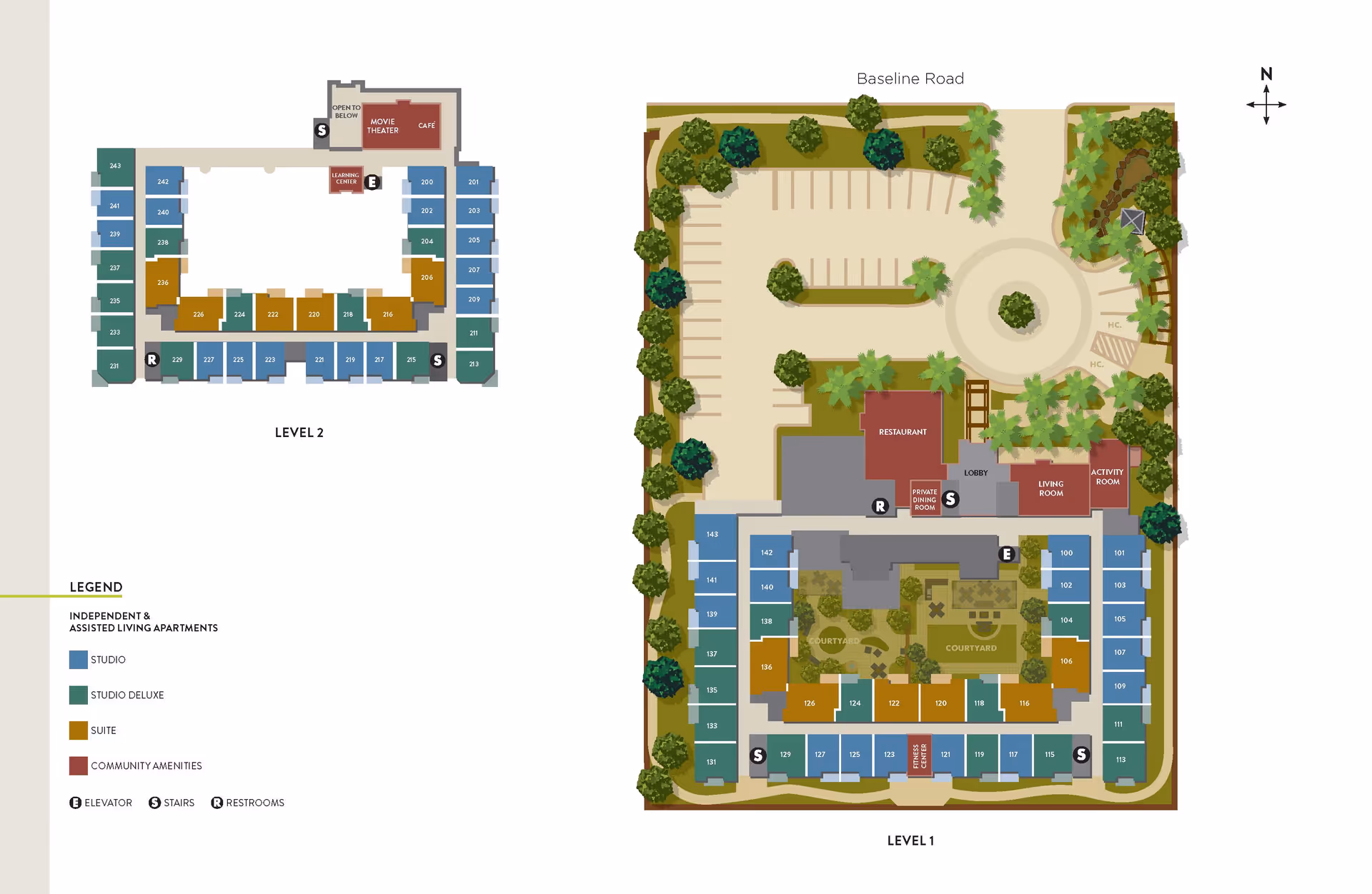 Floor plan of Atria Del Rey senior living facility showing two levels. Level 1 includes independent and assisted living apartments categorized as studio, studio deluxe, and suite, along with community amenities such as a restaurant, private dining room, lobby, living room, activity room, courtyard, restrooms, stairs, and elevators. Level 2 features additional apartments, a movie theater, cafe, learning center, restrooms, stairs, and elevators. The layout includes parking areas and landscaping around the building with a north directional arrow.