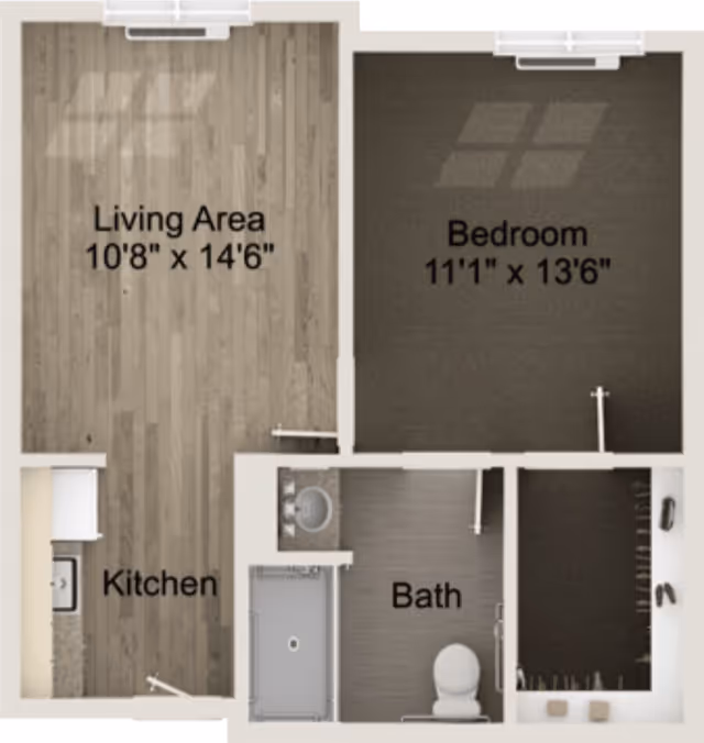 Top-down floor plan of a one-bedroom apartment showing a living area, bedroom, kitchen and bath with room dimensions labeled.