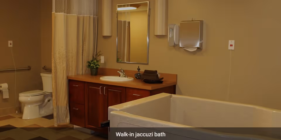 A bathroom featuring a walk-in jacuzzi bath, a toilet with a grab bar, a sink with a wooden cabinet, a mirror, a soap dispenser, a paper towel dispenser, and a shower curtain.