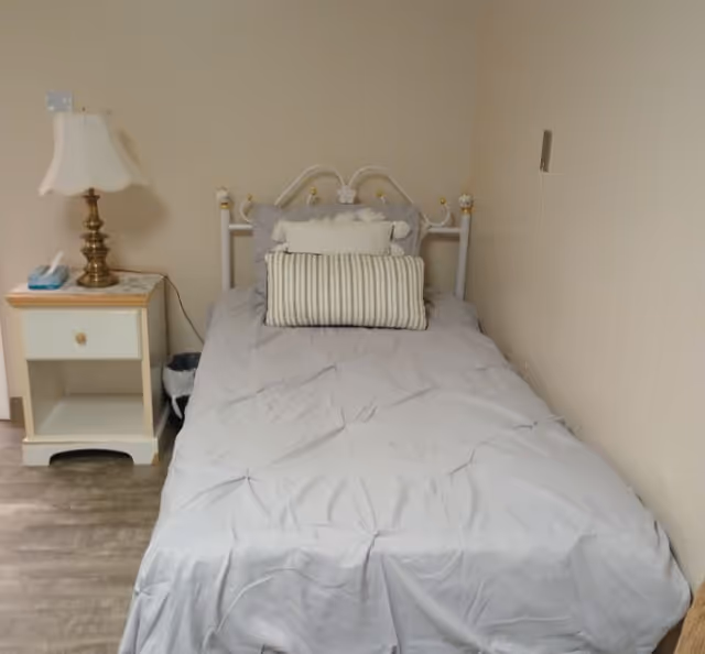 A single bed with a light gray comforter and two pillows, one white and one striped, against a beige wall. Next to the bed is a small white nightstand with a brass lamp and a box of tissues on top. The floor is wood-patterned.