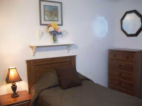 Bedroom with a wooden bed, nightstand lamp, dresser, mirror, and decorative shelf.