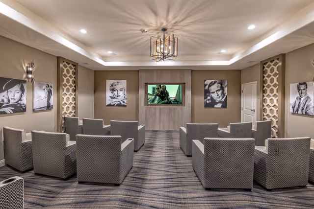 Small private media room with rows of upholstered armchairs facing a wall-mounted TV and black-and-white portraits on the walls.
