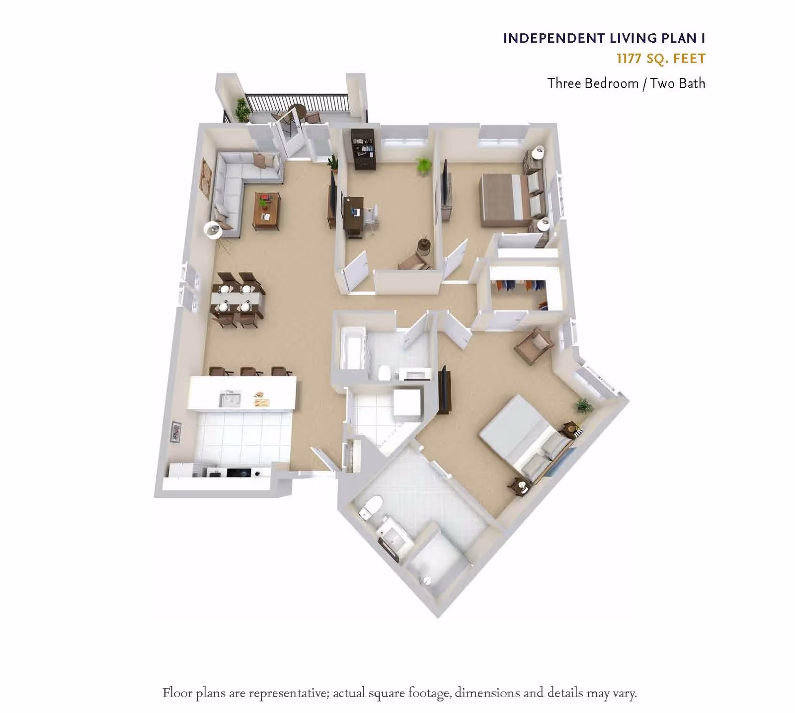 3D floor plan of an independent living unit named Plan I at Maravilla, showing a layout with three bedrooms, two bathrooms, a kitchen, dining area, living room, and balcony, covering 1177 square feet.
