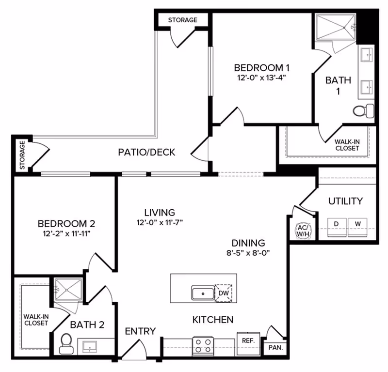 Black-and-white floor plan of a two-bedroom apartment showing living room, kitchen with island, dining area, two bathrooms, walk-in closets, utility room, and a patio/deck.