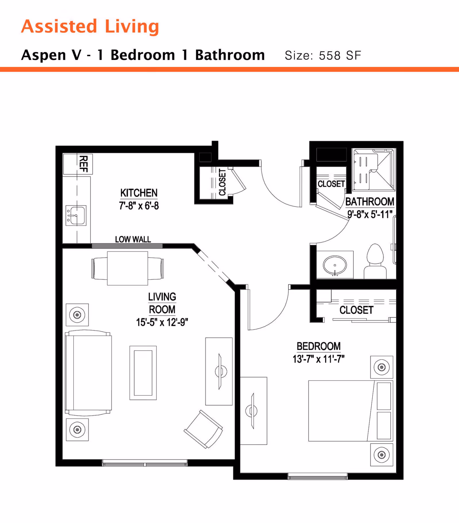 Floor plan of an assisted living unit named Aspen V with 1 bedroom and 1 bathroom, showing dimensions and layout of kitchen, living room, bedroom, bathroom, and closets.