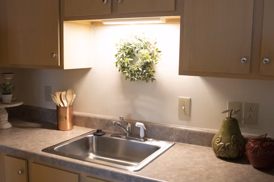 Kitchen countertop with a stainless steel sink, wooden cabinets, utensils in a holder, and decorative items under-cabinet lighting.