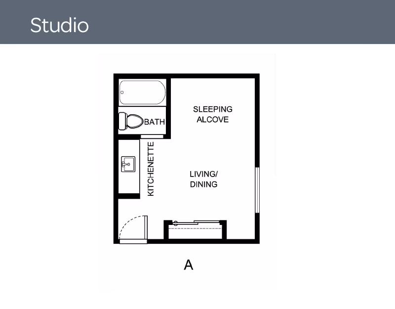 Black-and-white studio apartment floor plan labeled "Studio" showing a sleeping alcove, kitchenette, bathroom, and living/dining area.