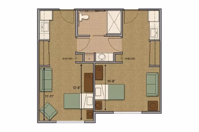 Floor plan of a two-bed assisted living suite showing two beds, seating areas, kitchenette alcoves, and a central bathroom.