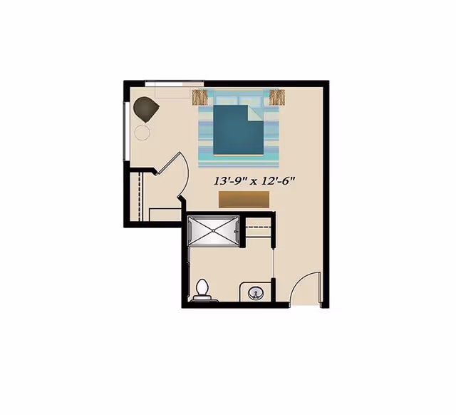 Floor plan of a room measuring 13 feet 9 inches by 12 feet 6 inches, featuring a bed with a rug underneath, a chair in the corner, a small bathroom with a toilet and sink, and an entry door.