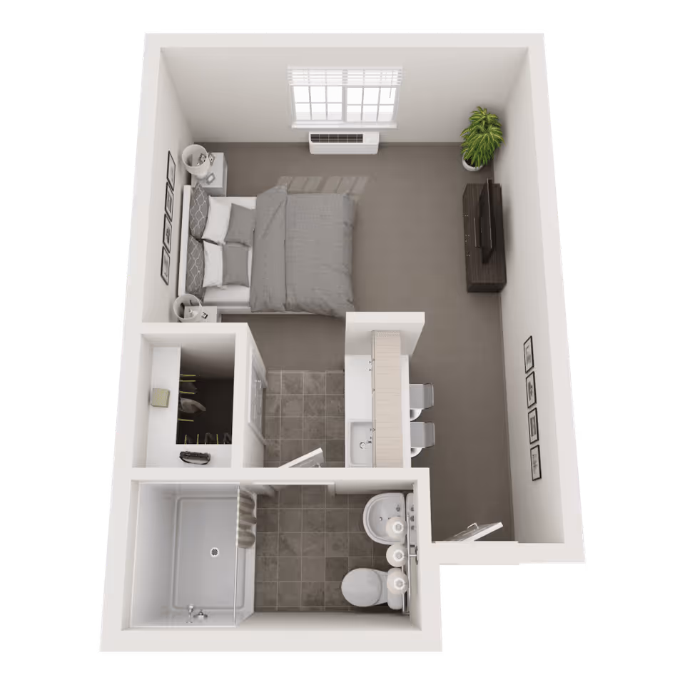 3D floor plan of a senior living studio apartment featuring a bedroom area with a bed, two nightstands with lamps, a small closet, a bathroom with a shower, toilet, and sink, and a kitchenette with a sink and two bar stools. There is a window above a heating unit and a TV on a stand opposite the bed, along with a potted plant in the corner.