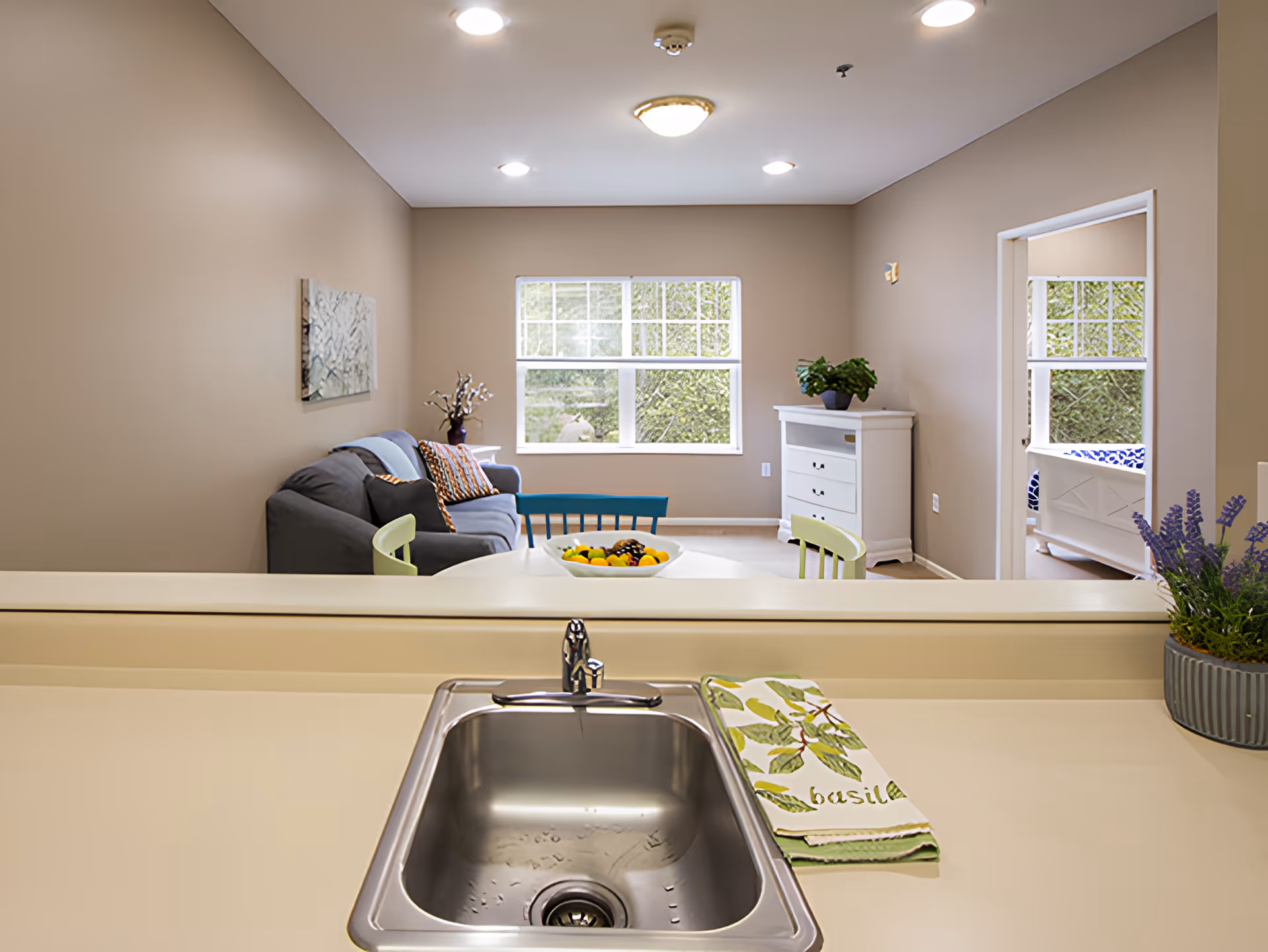 View from a kitchen sink looking out into a living room with a gray couch, colorful pillows, a white dresser with a plant on top, and a window showing greenery outside. A doorway to the right reveals a bedroom with a white bed frame and blue bedding. A bowl of fruit and a green plant are on the kitchen counter.