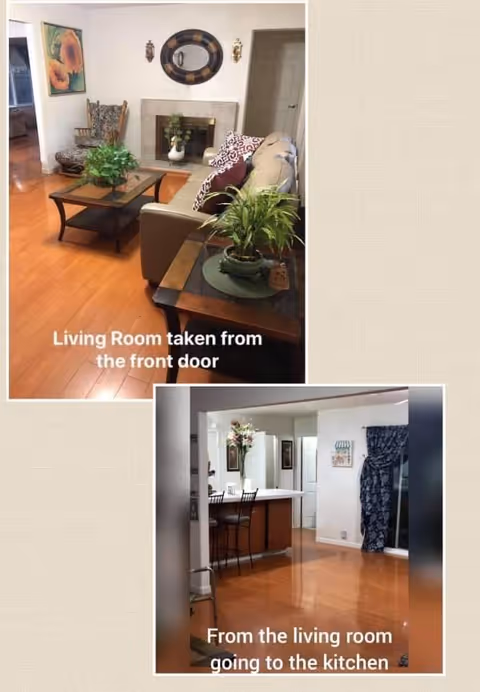 Collage of two interior photos showing a furnished living room with a sofa, coffee table, plants and fireplace, and a view from the living room into a kitchen with a breakfast bar on hardwood floors.
