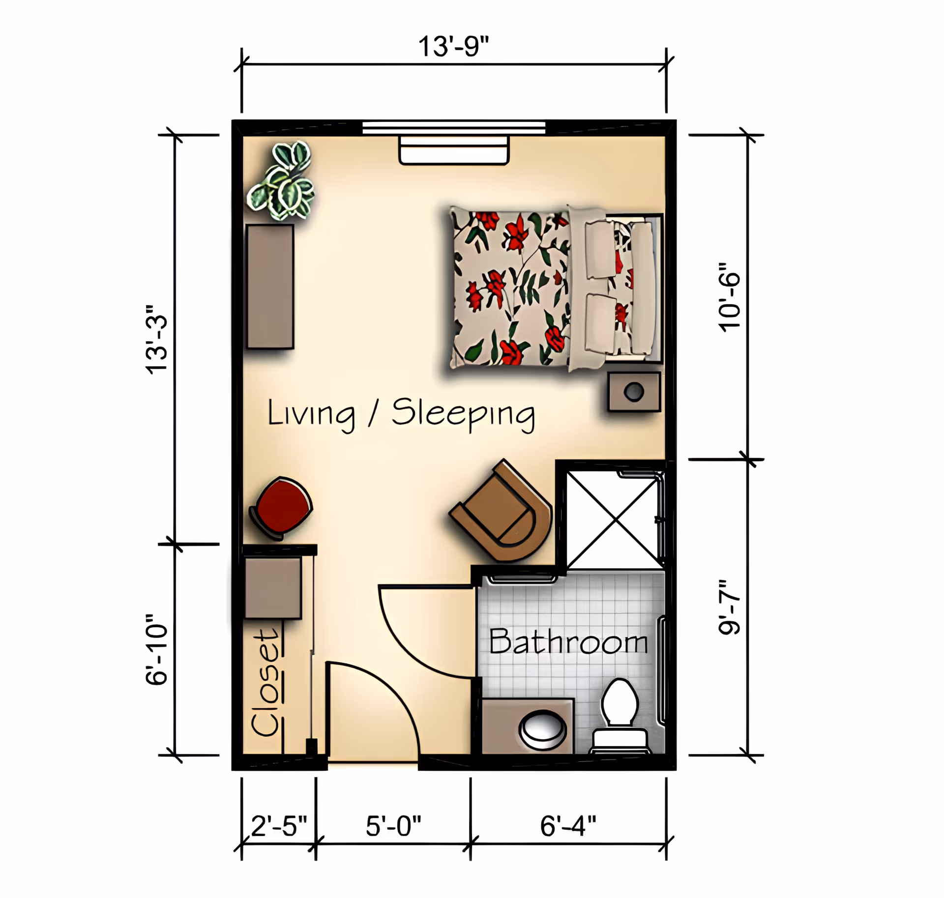 Floor plan of a small living and sleeping area with a bed, nightstand, chair, closet, and a bathroom with a toilet, sink, and shower. Dimensions of the room and bathroom are marked.
