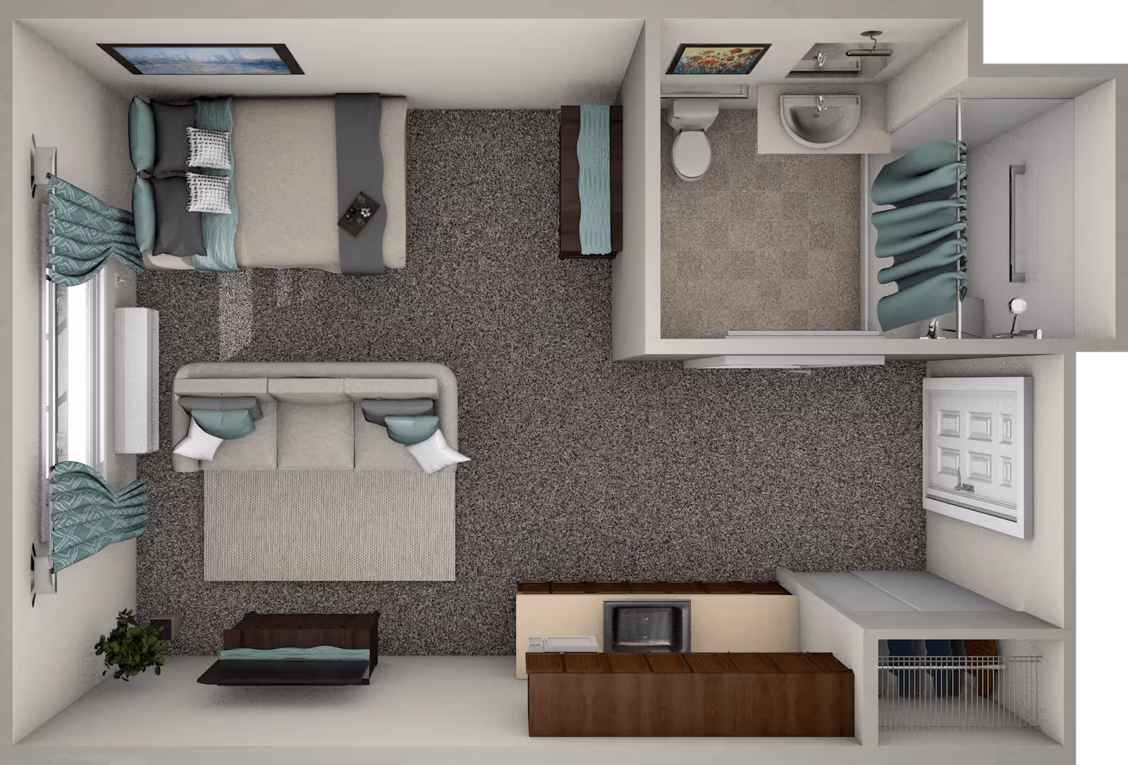 Top-down view of a small living space layout featuring a bedroom area with a bed and pillows, a living area with a sofa and rug, a kitchenette with a sink and cabinets, and a bathroom with a toilet, sink, and shower with a curtain. The room has carpeted flooring except for the bathroom which has tile flooring. There are framed pictures on the walls and curtains on the windows.