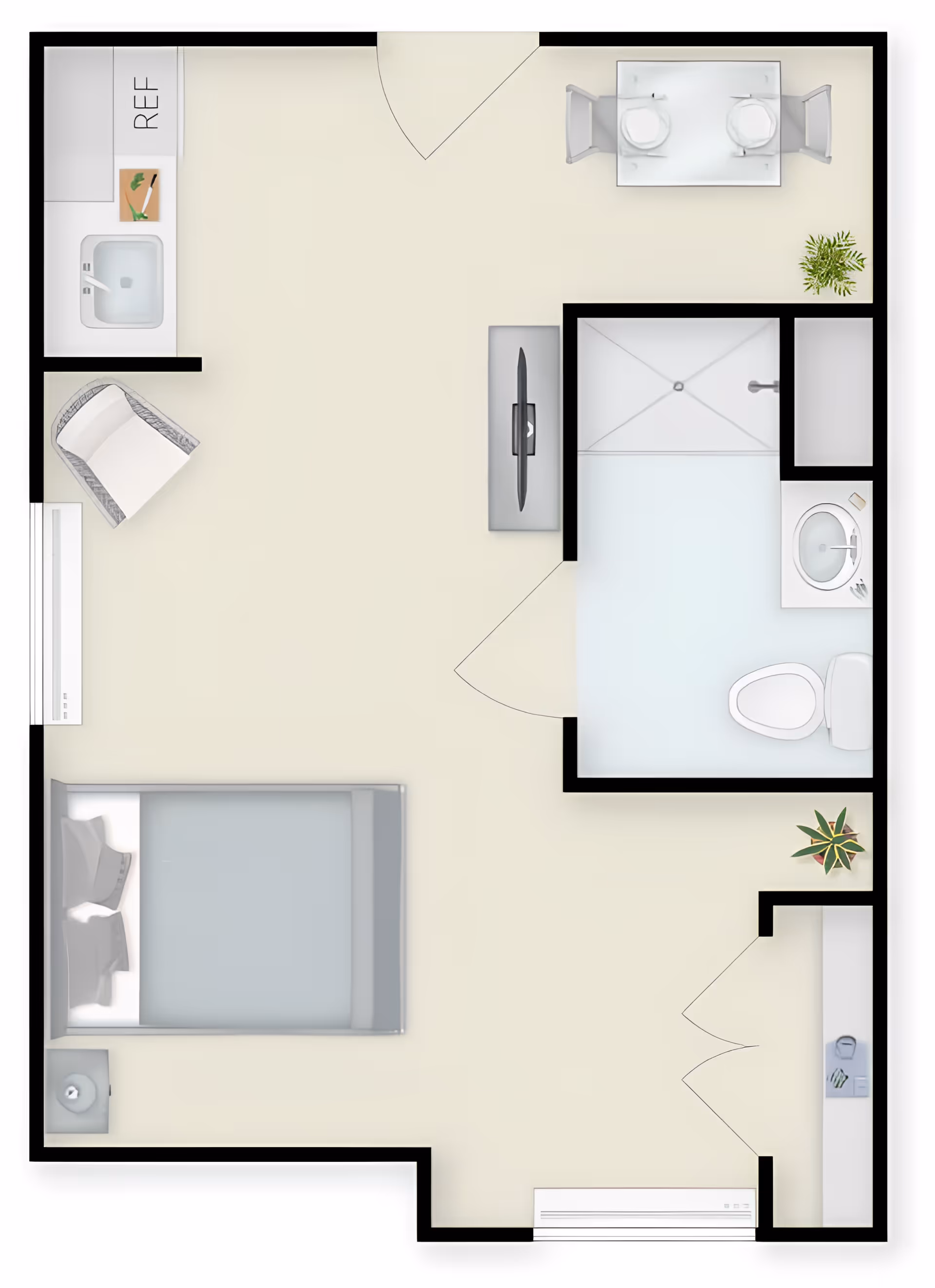 Floor plan of a senior living studio apartment featuring a bedroom area with a bed and nightstand, a living area with a chair and TV, a kitchenette with a sink and refrigerator, a dining area with a table and two chairs, and a bathroom with a shower, toilet, and sink.
