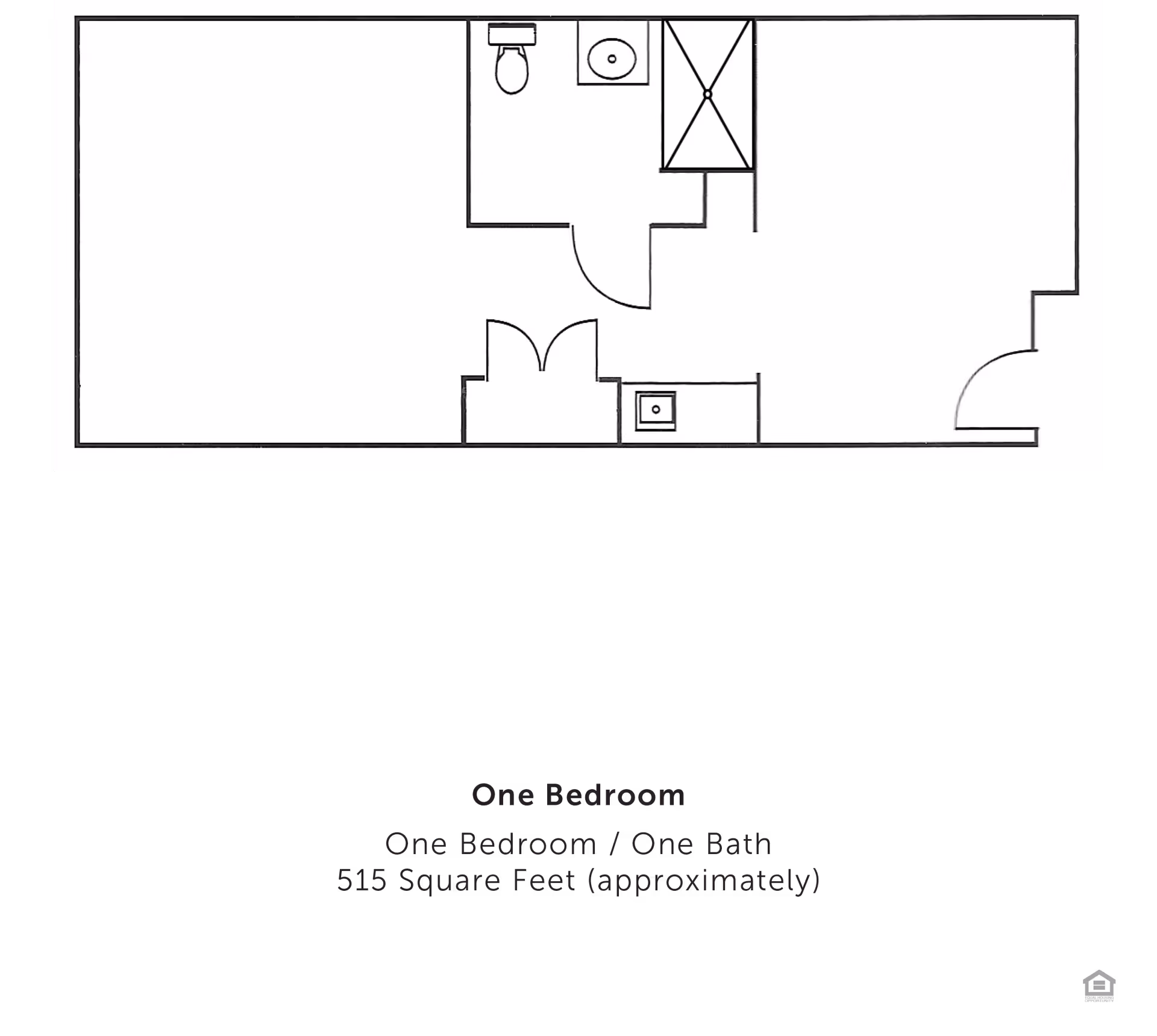 Floor plan of a one-bedroom, one-bath apartment approximately 515 square feet, showing a bathroom with toilet, sink, and shower, a closet, and an open living area.