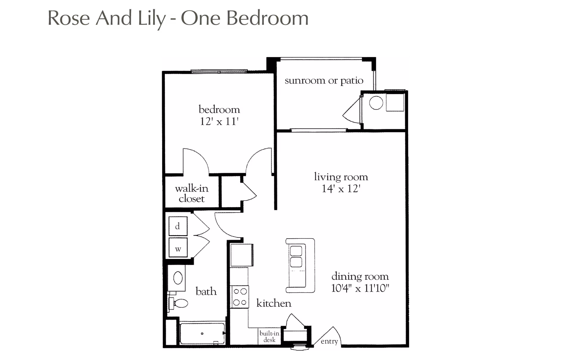 Floor plan titled 'Rose And Lily - One Bedroom' showing a layout with a bedroom measuring 12 by 11 feet, a walk-in closet, a bathroom with washer and dryer, a kitchen with a built-in desk, a dining room measuring 10 feet 4 inches by 11 feet 10 inches, a living room measuring 14 by 12 feet, and a sunroom or patio.