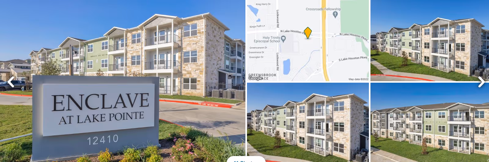 Exterior views of a multi-story residential building with stone and green siding, balconies, and a sign in front that reads 'Enclave at Lake Pointe 12410'. There is also a small map showing the location near Lockwood Rd and N Lake Houston Pkwy.