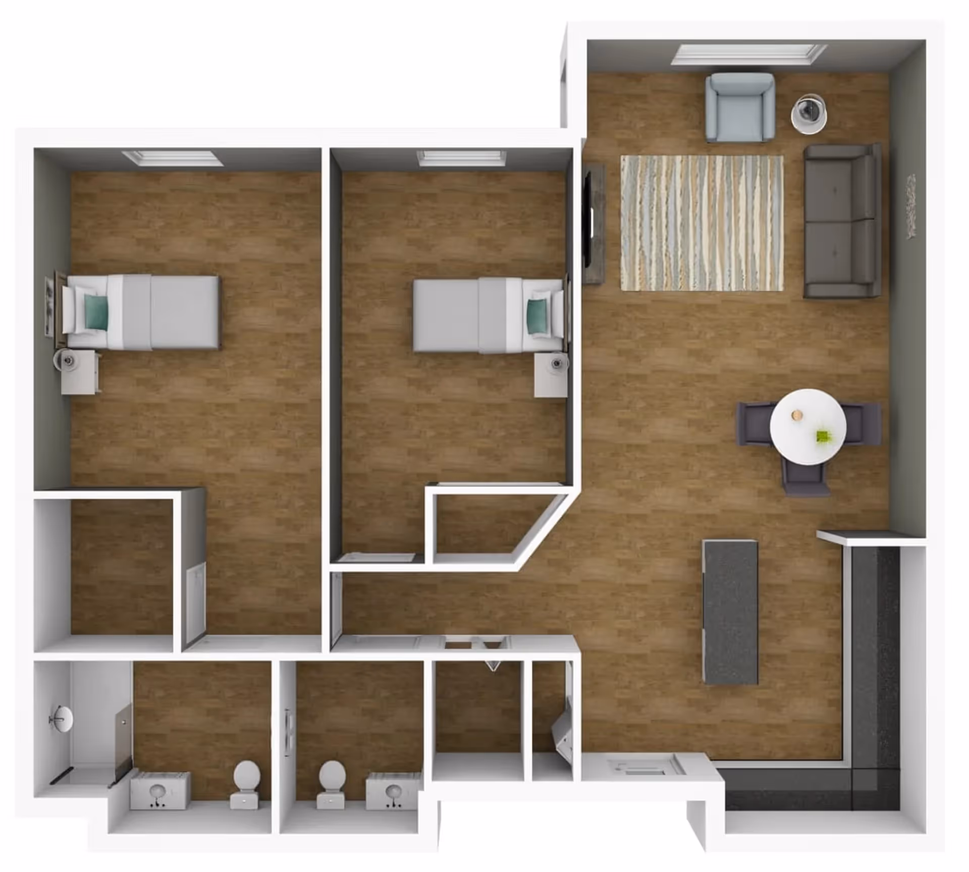 Top-down view of a floor plan showing two bedrooms each with a bed and nightstand, two bathrooms with toilets and sinks, a living area with a sofa, armchair, rug, TV, and a dining area with a round table and four chairs, along with a kitchen area featuring a countertop and appliances.