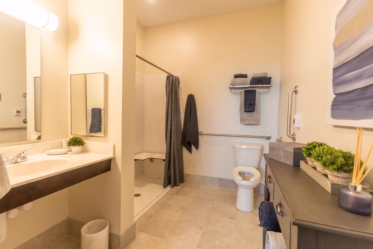 A clean and accessible bathroom featuring a shower with a fold-down seat and a gray shower curtain, a white toilet with grab bars on the wall, a vanity with a sink and a mirror, neatly folded towels on a rack above the toilet, and decorative plants on a dark wooden cabinet.