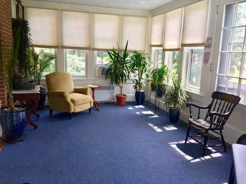 Bright sunroom with blue carpet, multiple potted plants, a yellow armchair, and a wooden rocking chair by large windows.