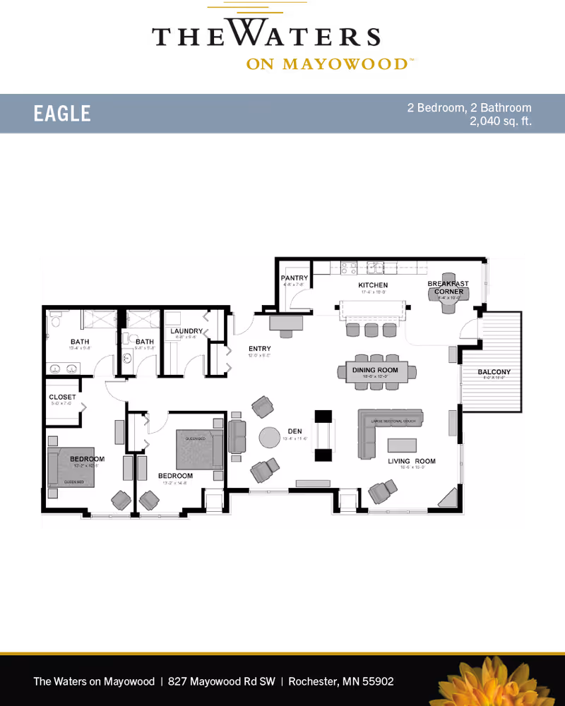 Floor plan of the Eagle apartment at The Waters on Mayowood, featuring 2 bedrooms, 2 bathrooms, a kitchen with pantry and breakfast corner, dining room, living room with large sectional couch, den, laundry area, entry, closet, and a balcony. The layout includes furniture placement and room dimensions.