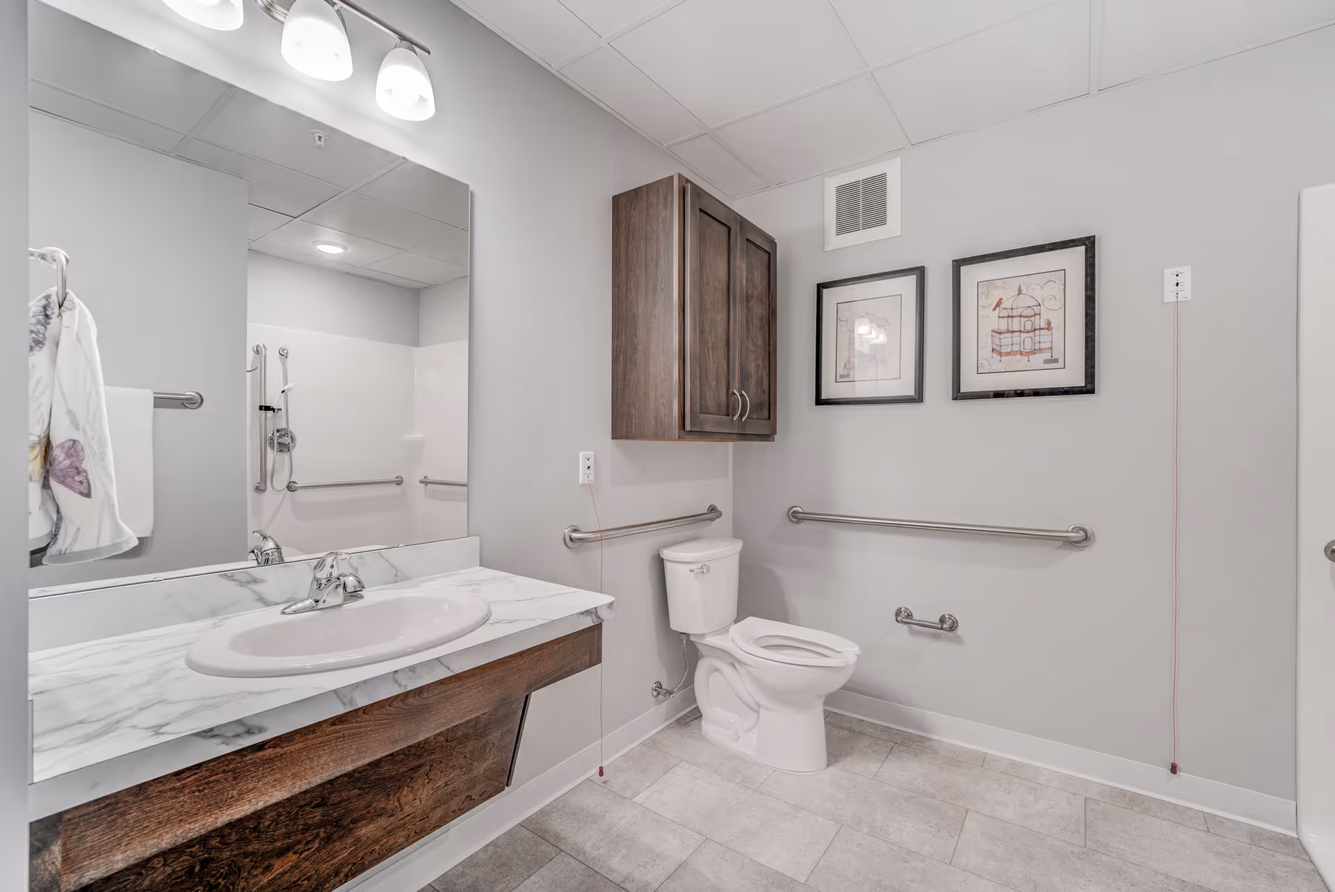 Accessible senior bathroom featuring a sink and mirror on the left, a toilet with grab bars, a wall cabinet, and a shower in the background.