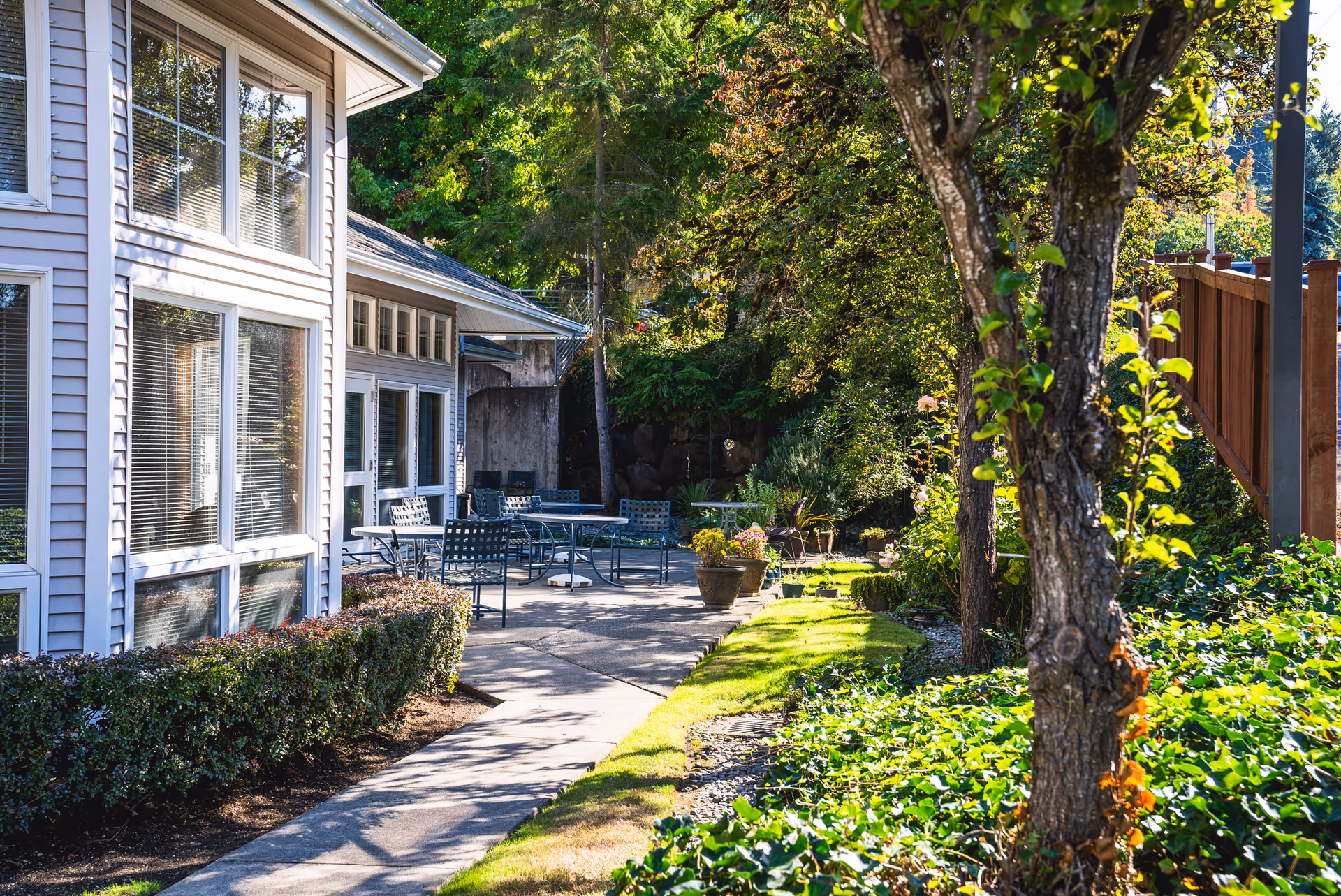 Outdoor patio area at Hillside Assisted Living with metal tables and chairs along a concrete pathway, surrounded by green bushes, trees, and plants on a sunny day.