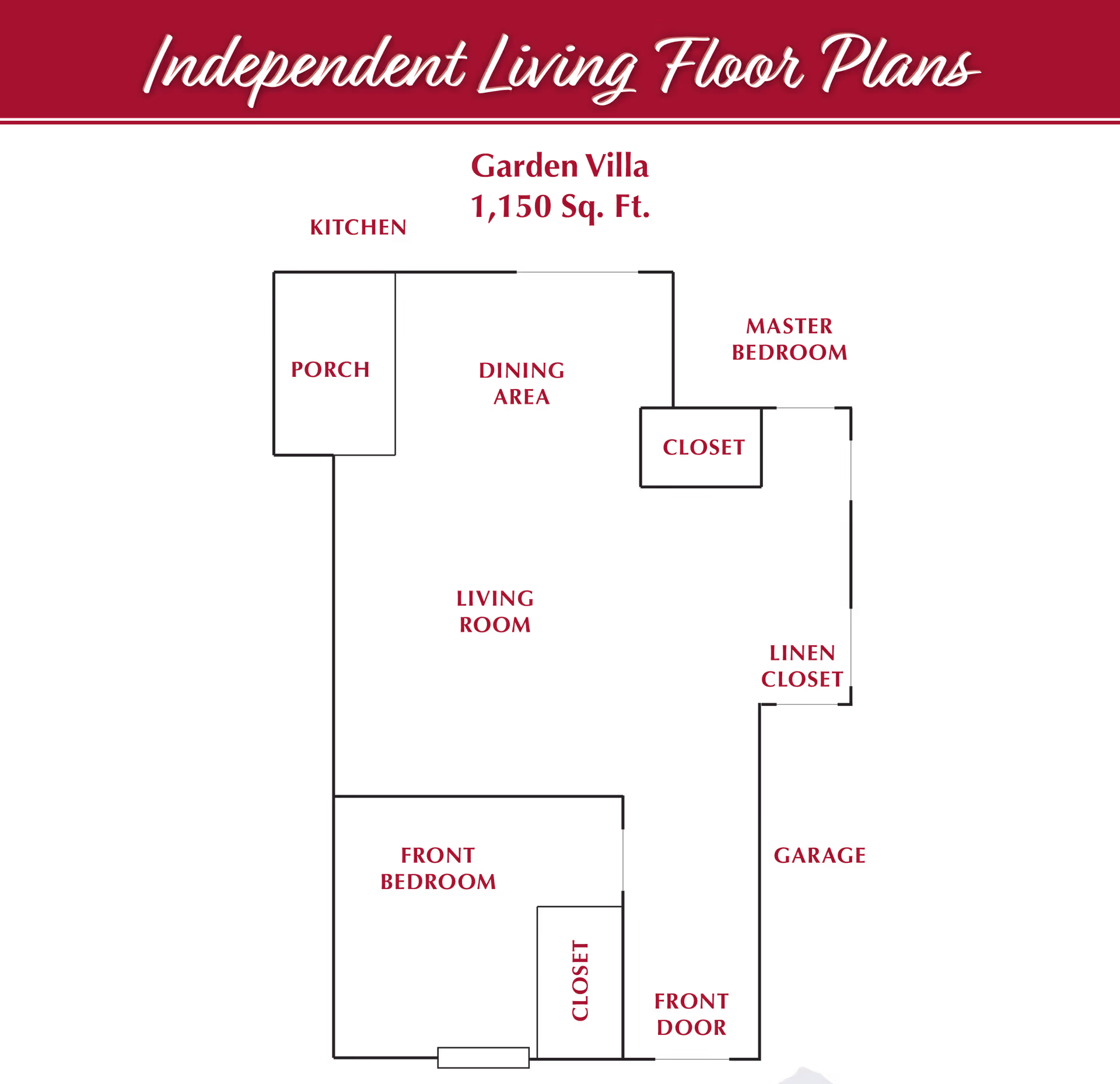 Floor plan layout of an independent living Garden Villa with 1,150 square feet, showing labeled areas including kitchen, porch, dining area, living room, master bedroom with closet, linen closet, garage, front bedroom with closet, and front door.