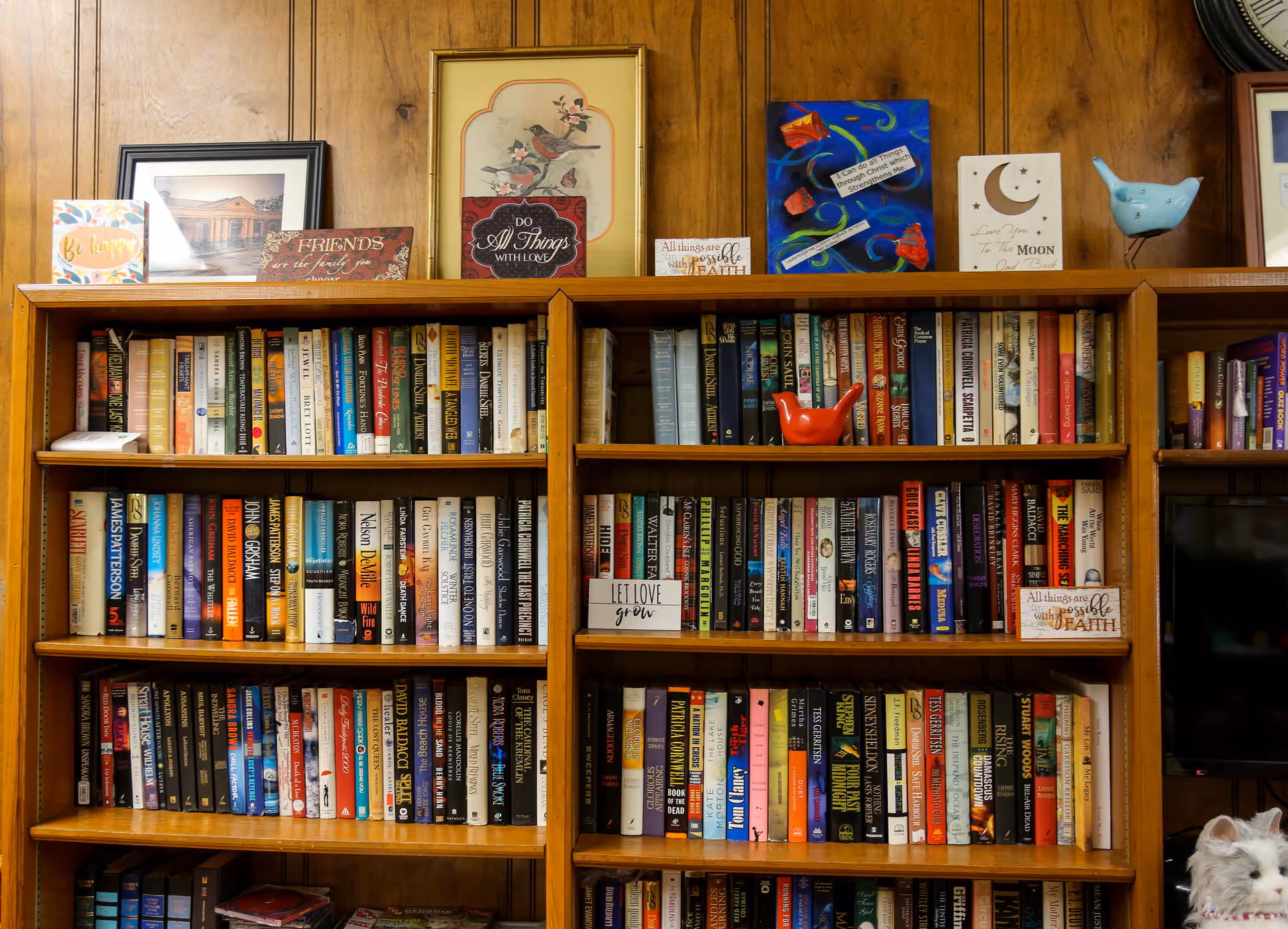 Wooden bookshelves filled with a variety of books in a room with wood-paneled walls. On top of the shelves are framed pictures, decorative signs with inspirational quotes, and small bird figurines. A portion of a television and a stuffed animal are visible on the right side.