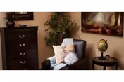 A cozy corner of a living room featuring a dark wooden chest of drawers, a cushioned armchair with decorative pillows and a throw blanket, a small round side table with a globe and a small decorative item, and a framed painting of a forest scene on the wall.