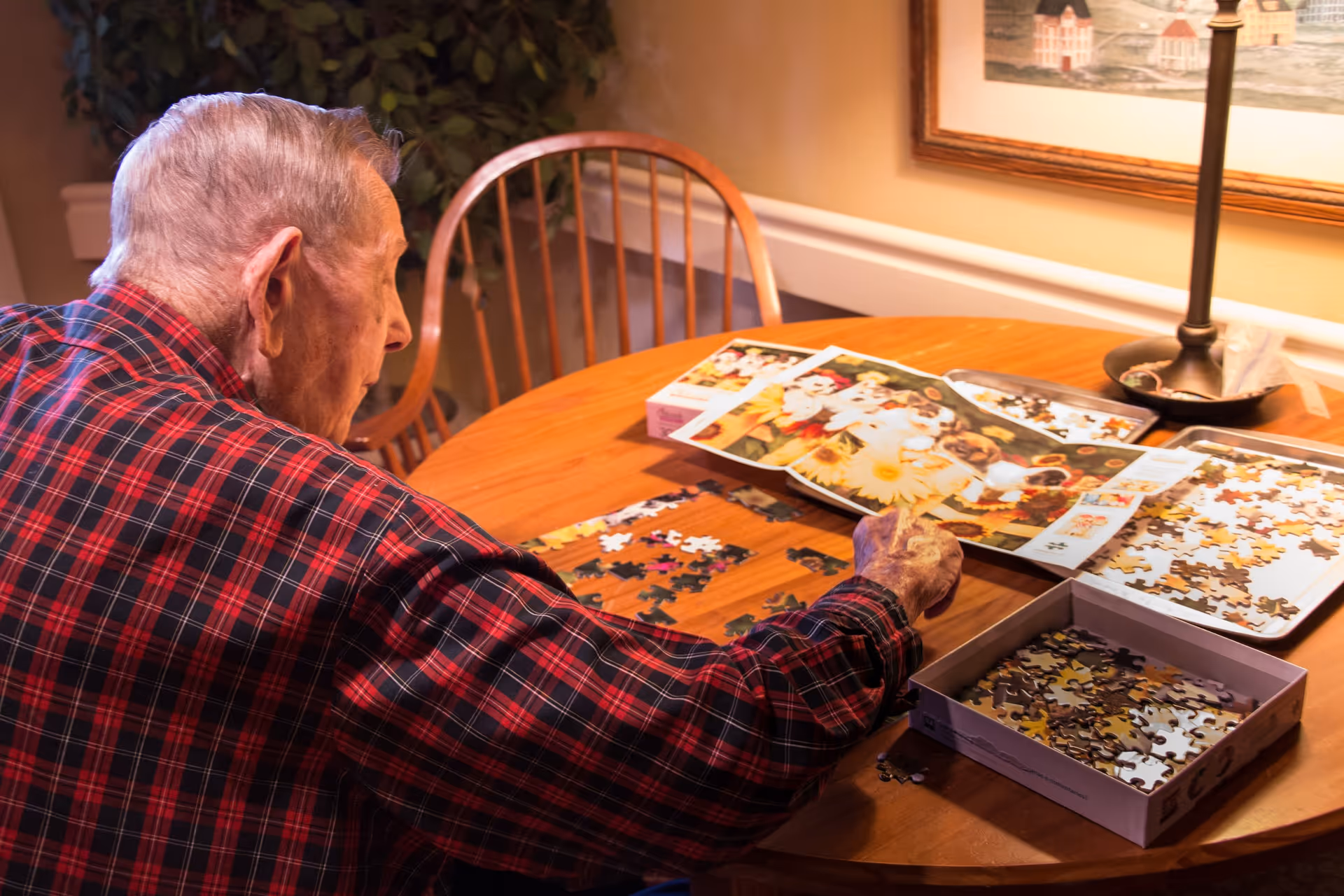 An elderly man wearing a red and black plaid shirt is sitting at a wooden table working on a jigsaw puzzle. The puzzle pieces and box are spread out on the table, and there is a lamp and a framed picture on the wall in the background.