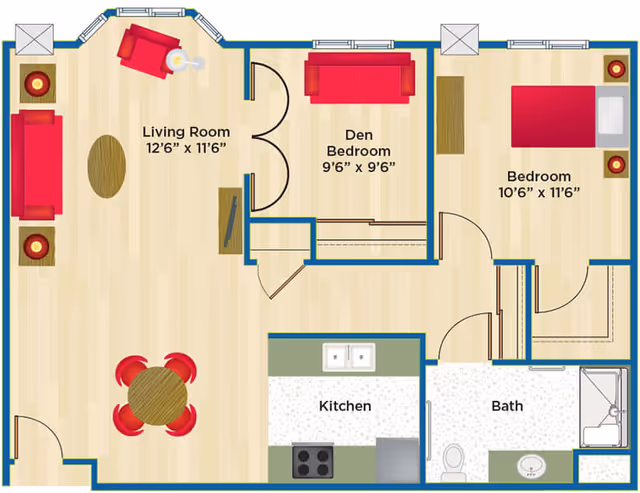 Illustrated floor plan of a one-bedroom plus den apartment showing a living room, kitchen, bedroom, den, and bath.