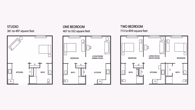 Architectural floor plans showing three apartment layouts labeled Studio, One Bedroom, and Two Bedroom with respective square footage ranges. Each layout includes designated areas for kitchen, bath, bedroom(s), living room, and dining room.