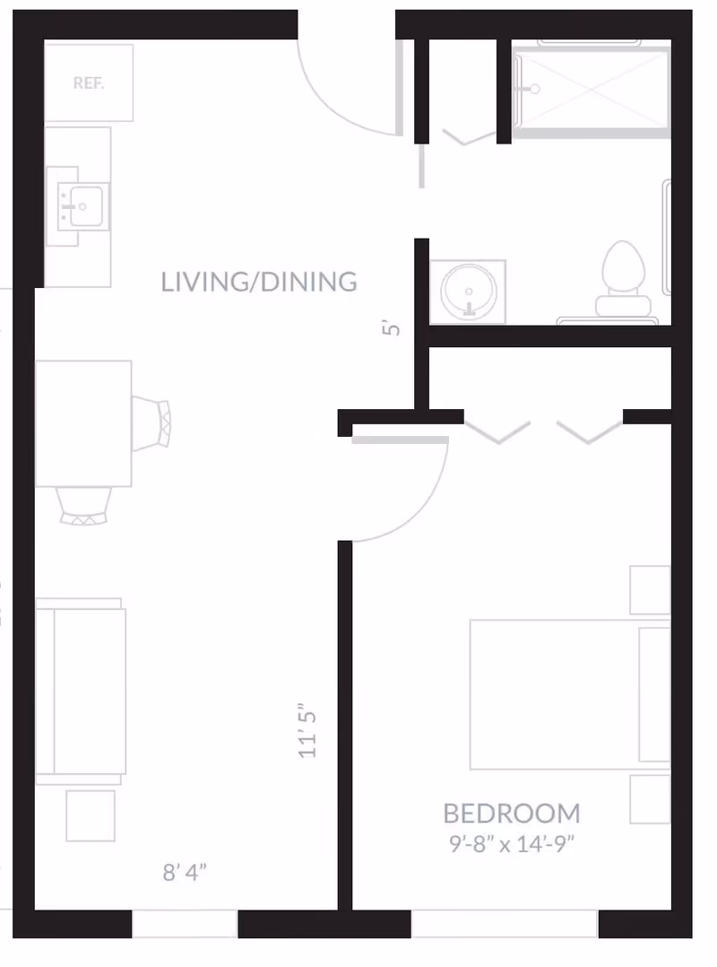 Architectural floor plan of a senior living unit at The Pearl Senior Living at Lewisville, showing a living/dining area, a bedroom, and a bathroom with labeled dimensions and furniture layout.