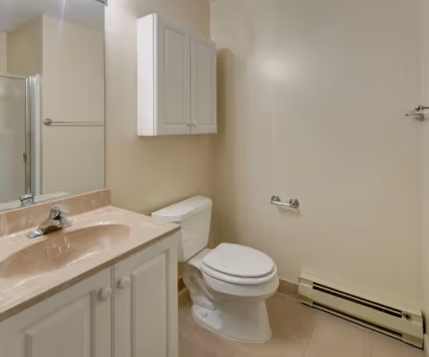 Small bathroom with a sink vanity and mirror, a toilet, a wall-mounted cabinet, and a partially visible glass shower door.