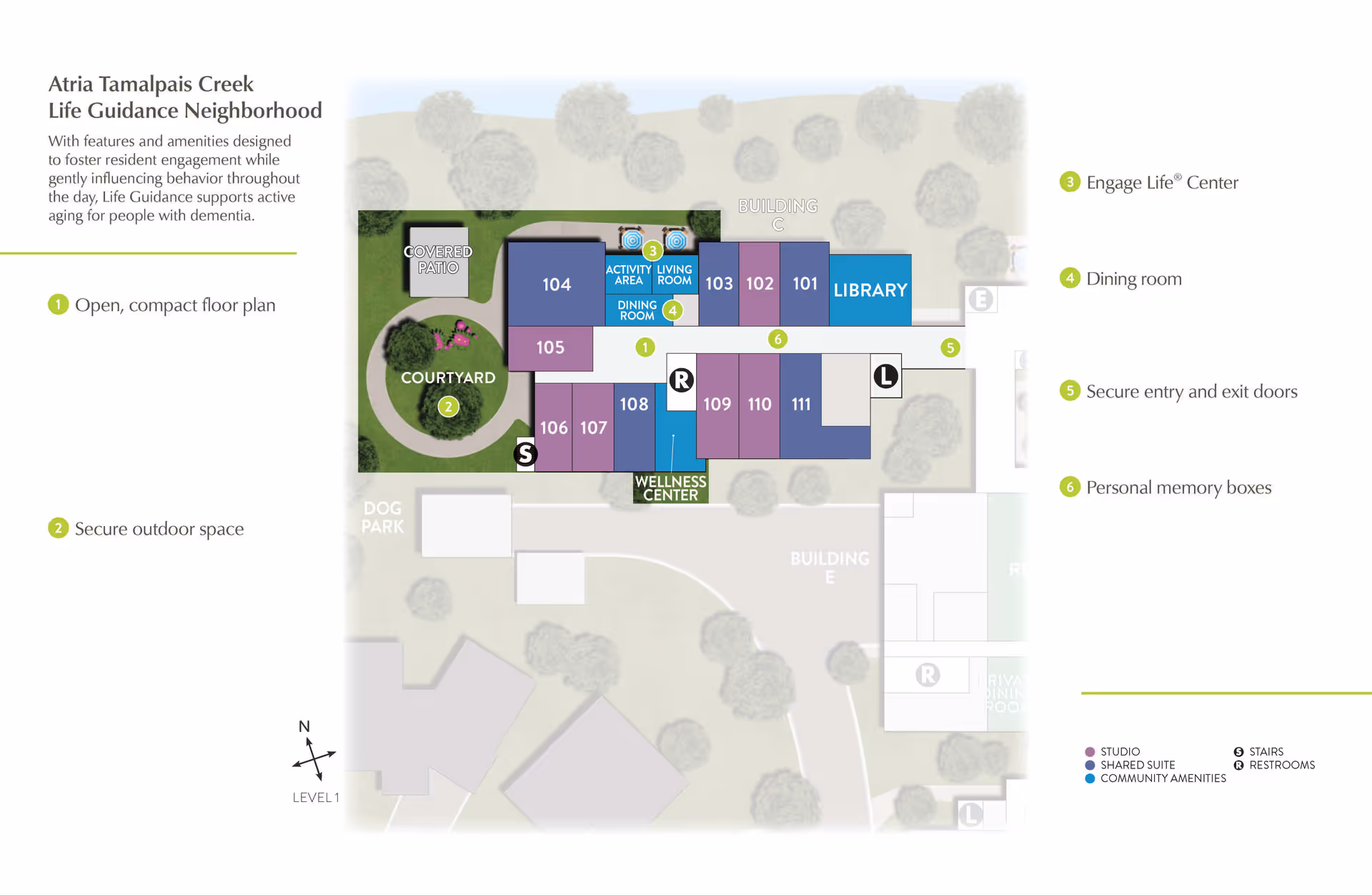 Floor plan of Atria Tamalpais Creek Life Guidance Neighborhood showing labeled rooms including activity area, living room, dining room, library, wellness center, courtyard, covered patio, and various studio and shared suite rooms. The plan highlights features such as open compact floor plan, secure outdoor space, Engage Life Center, dining room, secure entry and exit doors, and personal memory boxes.