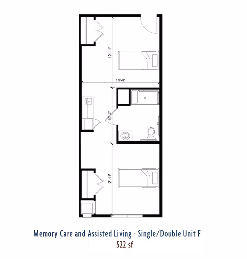 Architectural floor plan of a Memory Care and Assisted Living single/double unit labeled Unit F, showing two bedrooms, a bathroom with a bathtub, toilet, and sink, and a small kitchenette area. The total area is 522 square feet.