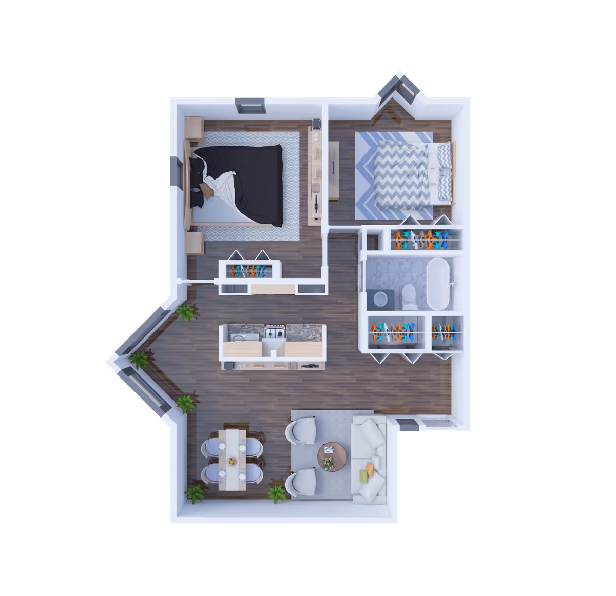 3D floor plan of a residential unit featuring two bedrooms, a bathroom with a bathtub, a kitchen with an island, a dining area with a table and chairs, and a living room with a sofa and two armchairs. The layout includes wooden flooring and several plants near the dining area.