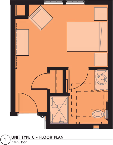 Floor plan of a senior living unit labeled Unit Type C, showing a bedroom with a bed, chair, and dresser, an attached bathroom with a shower, toilet, and sink, and an entry door.