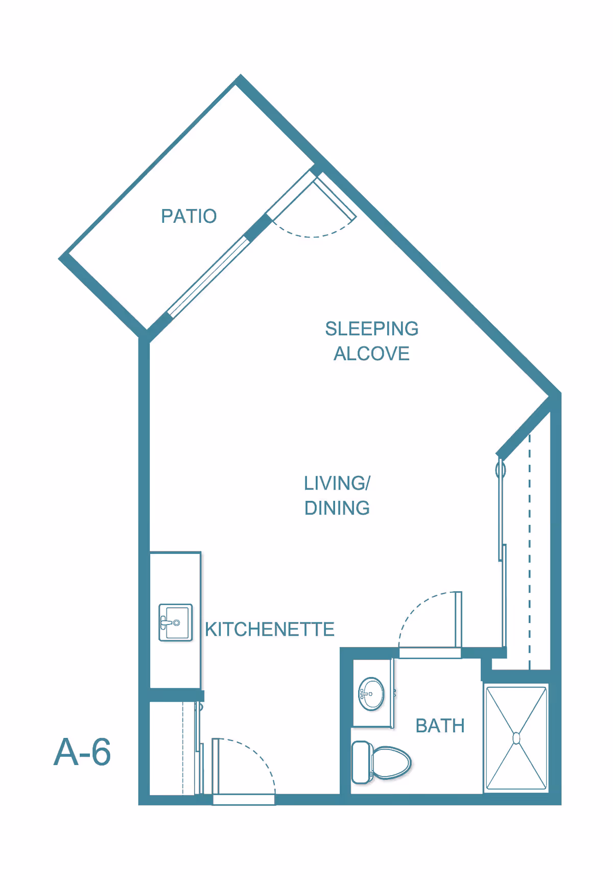 Floor plan of a studio apartment labeled A-6 at Holiday Sheldon Oaks, showing a patio, sleeping alcove, living/dining area, kitchenette, and a bathroom with a shower, toilet, and sink.