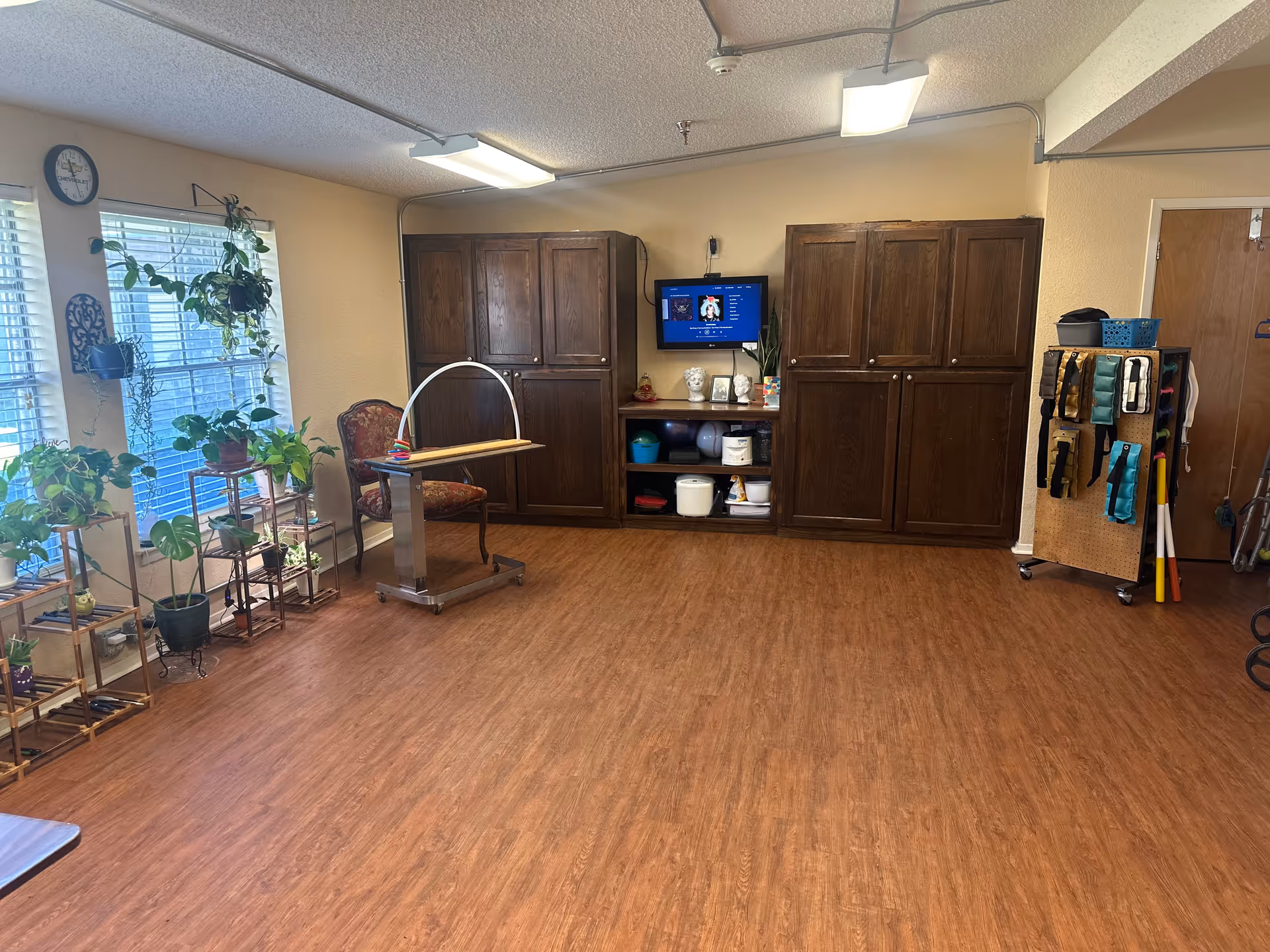 A spacious room with wooden flooring and beige walls featuring two large wooden cabinets and a small open shelf unit with various items. A small TV is mounted on the wall above the shelf. To the left, there are multiple potted plants on stands near two windows with blinds. A single upholstered chair and a mobile overbed table are also present. On the right side, there is a pegboard with various exercise bands and equipment hanging. The ceiling has fluorescent lights and visible conduit pipes.