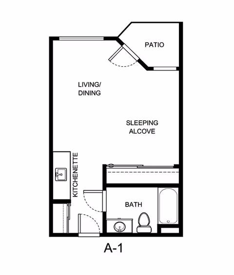 Black-and-white floor plan labeled A-1 showing a studio layout with living/dining area, sleeping alcove, kitchenette, bathroom, and patio.