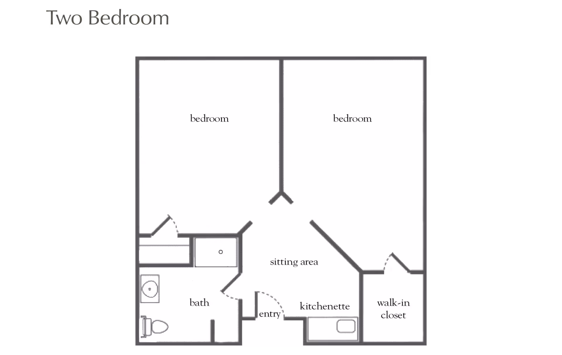 Floor plan of a two-bedroom apartment featuring two bedrooms, a bath, a sitting area, a kitchenette, an entry, and a walk-in closet.