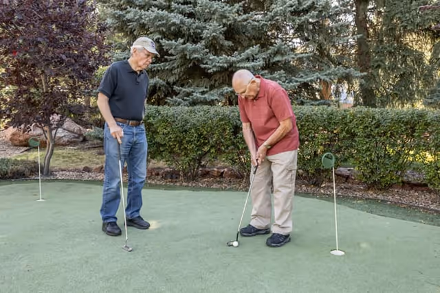 Two elderly men playing golf on a putting green surrounded by trees and bushes. One man is putting the ball while the other watches.